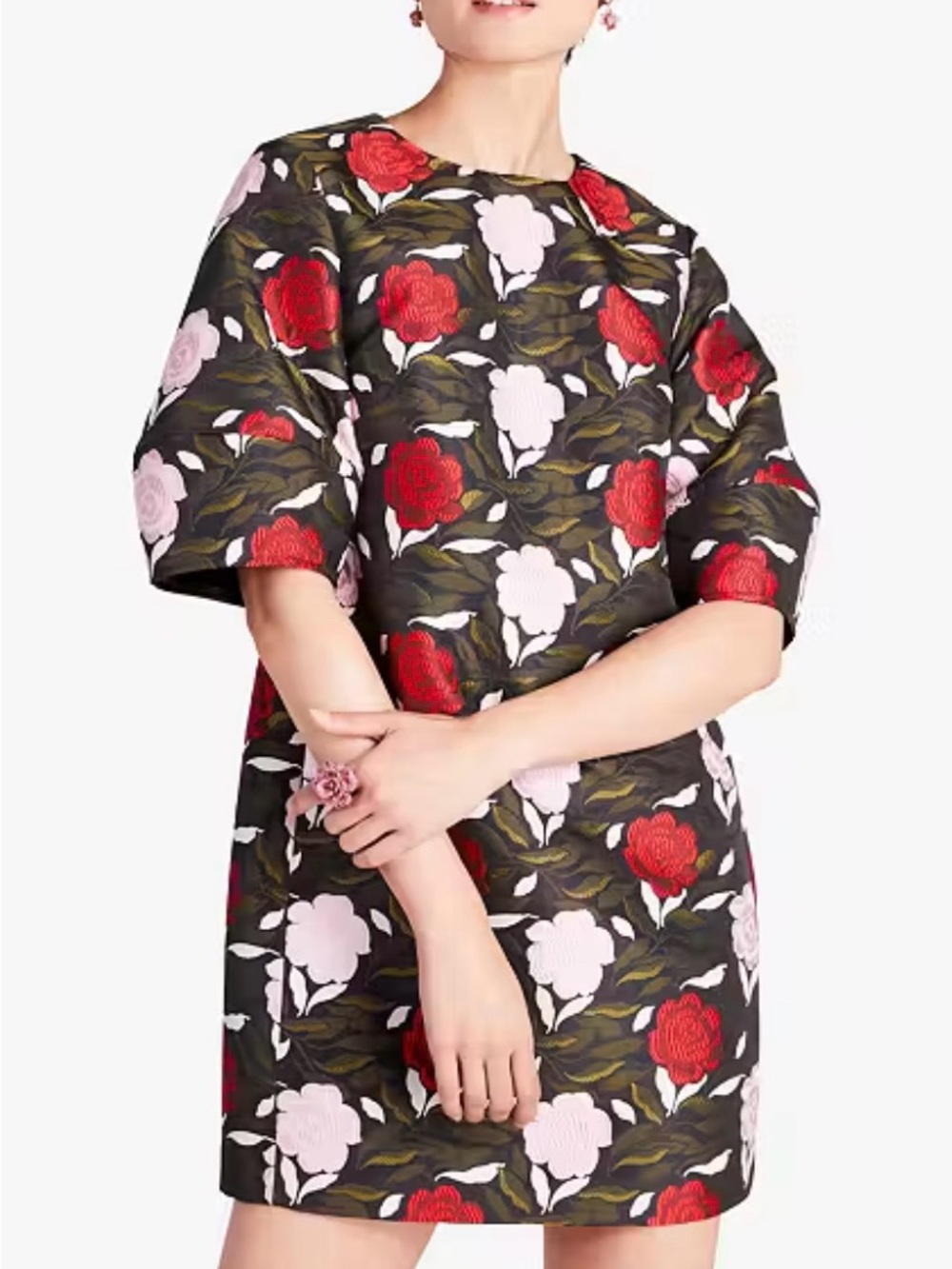 Kate Spade Embroidered Floral Shift Dress Pink Red Rose Garden Brocade Jacquard